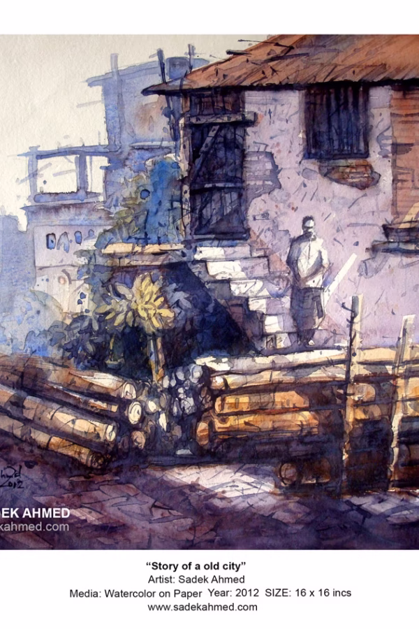 Farashganj wood market | 14x 14 Inches | Watercolor on Paper