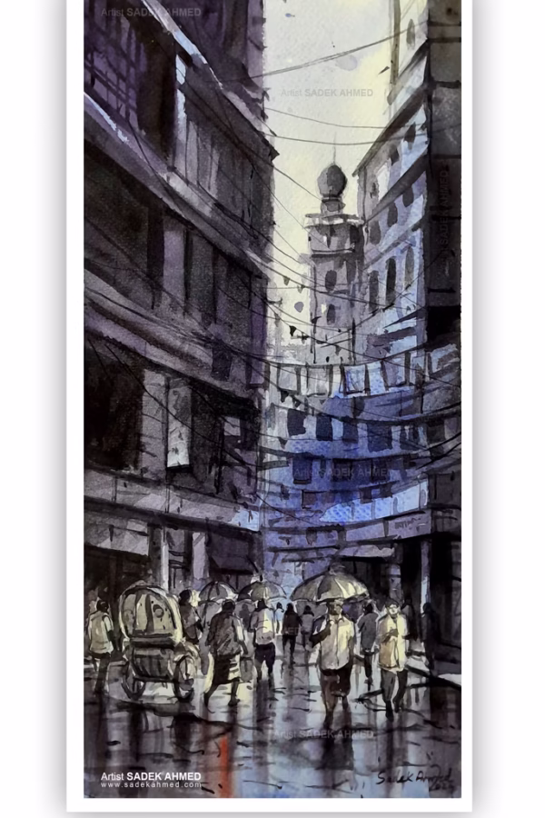 🔴 SOLD | Old Dhaka during Cyclone Remal  | Watercolor on Paper | 14 x 7.5 inches | May2024