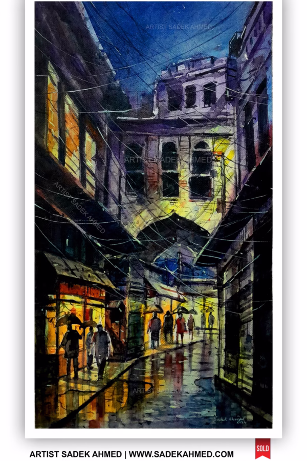 🔴 SOLD | Rainy Day at Old Dhaka | 18 x 10 Inches | Watercolor on Paper | April 2024