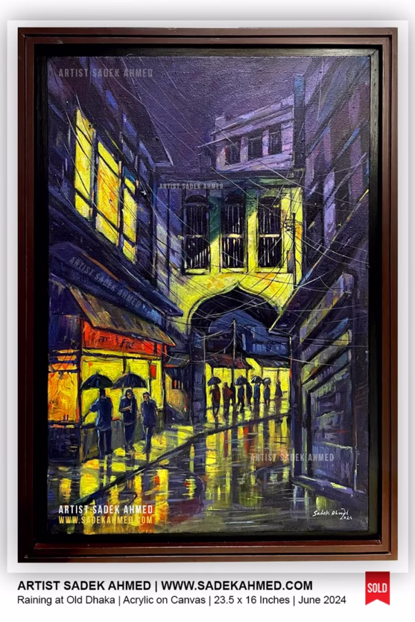 🔴 SOLD | Raining at Old Dhaka | Acrylic on Canvas | 23.5 x 16 inches | June 2024