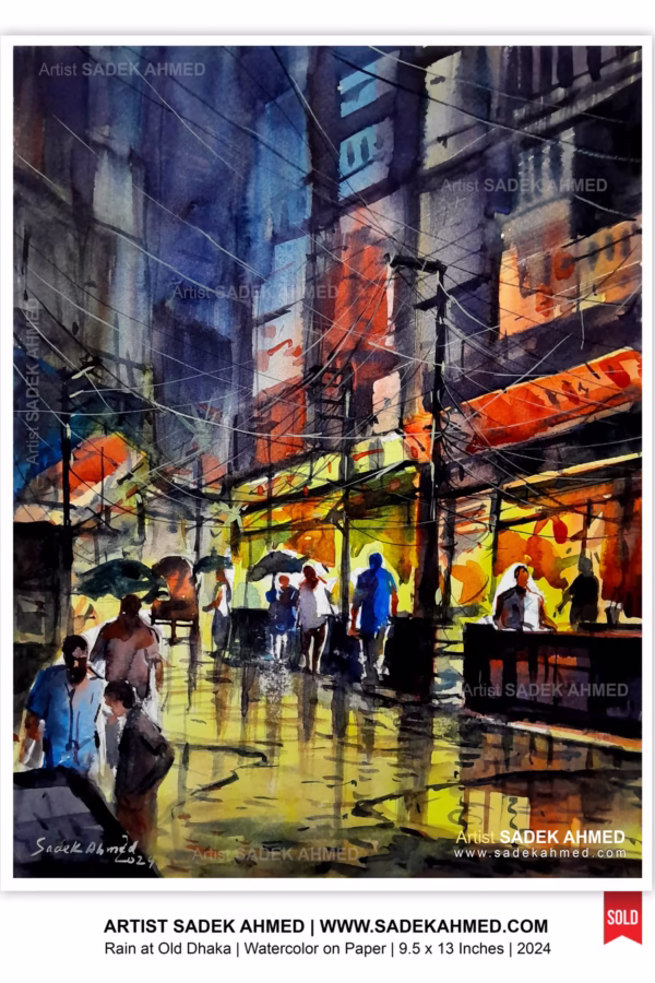 🔴 SOLD | Rain at Old Dhaka| 13 x 9.5 Inches | Watercolor Painting | June 2024