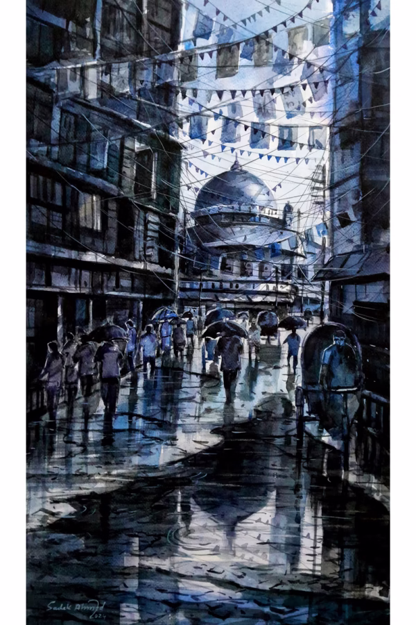 Old Dhaka after raining at night - 3 | 30 x 15 Inches | Watercolor on Paper | 2024