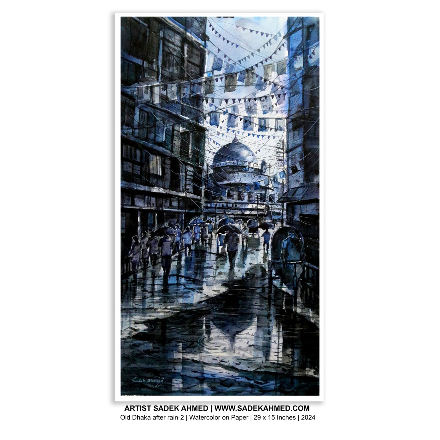 Old Dhaka after raining at night - 3 | 30 x 15 Inches | Watercolor on Paper | 2024 - Image 2