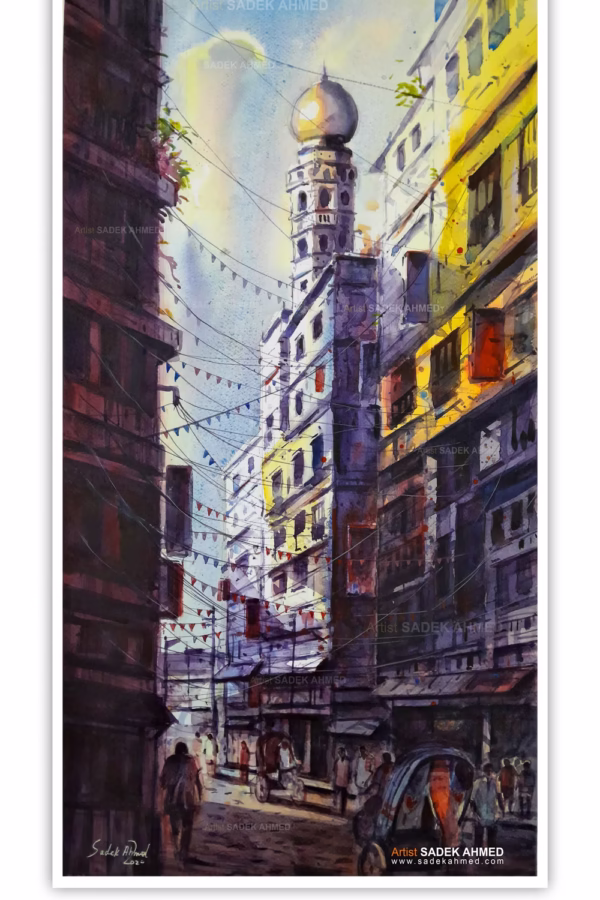 Babu Bazar Mosque from Old Dhaka | 15.5 x 28.5 inches | Watercolor on paper | 2024