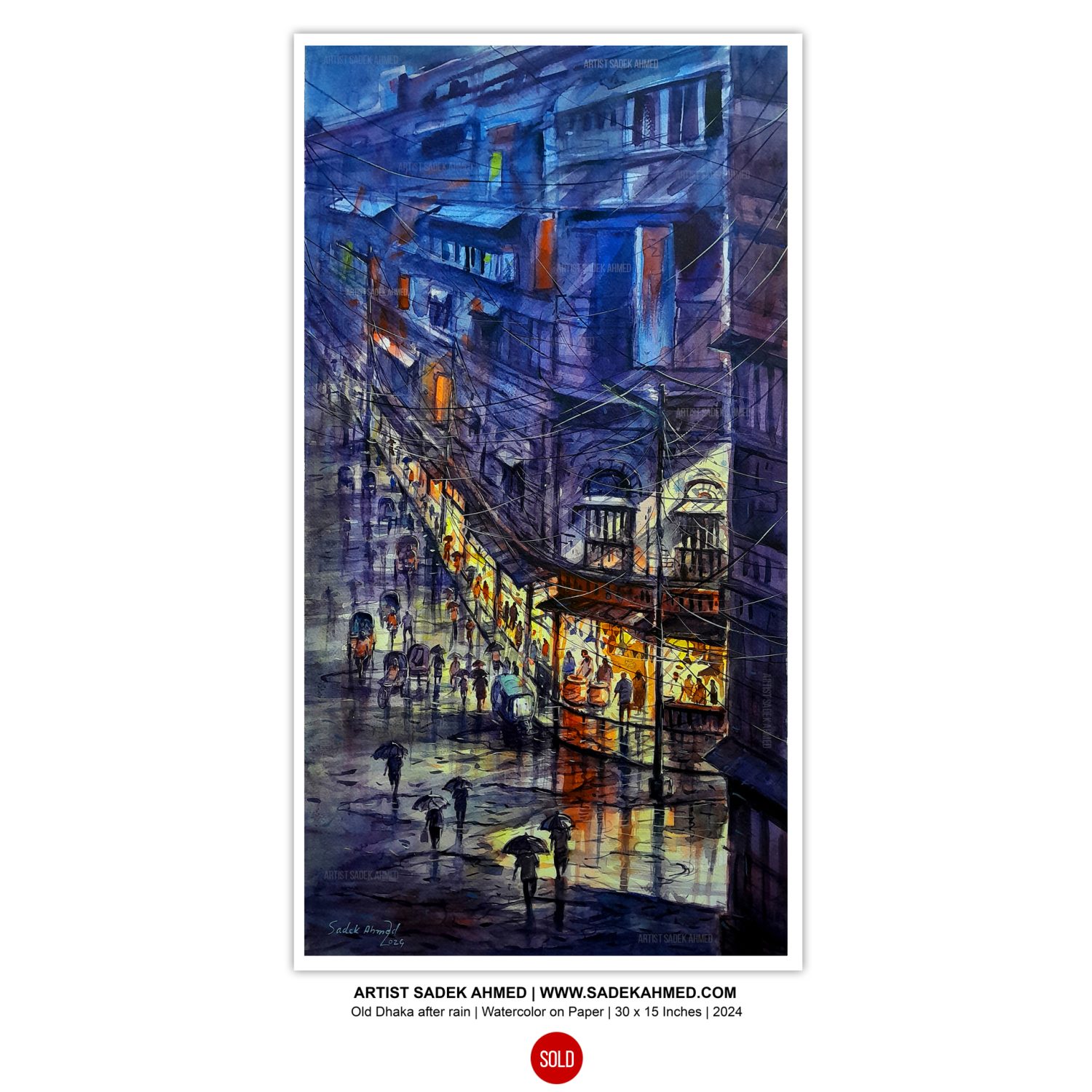 Old Dhaka after raining at night -1 | 30 x 15 Inches | Watercolor on Paper | 2024 - Image 2