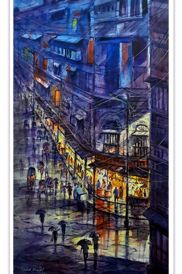 Old Dhaka after raining at night -1 | 30 x 15 Inches | Watercolor on Paper | 2024