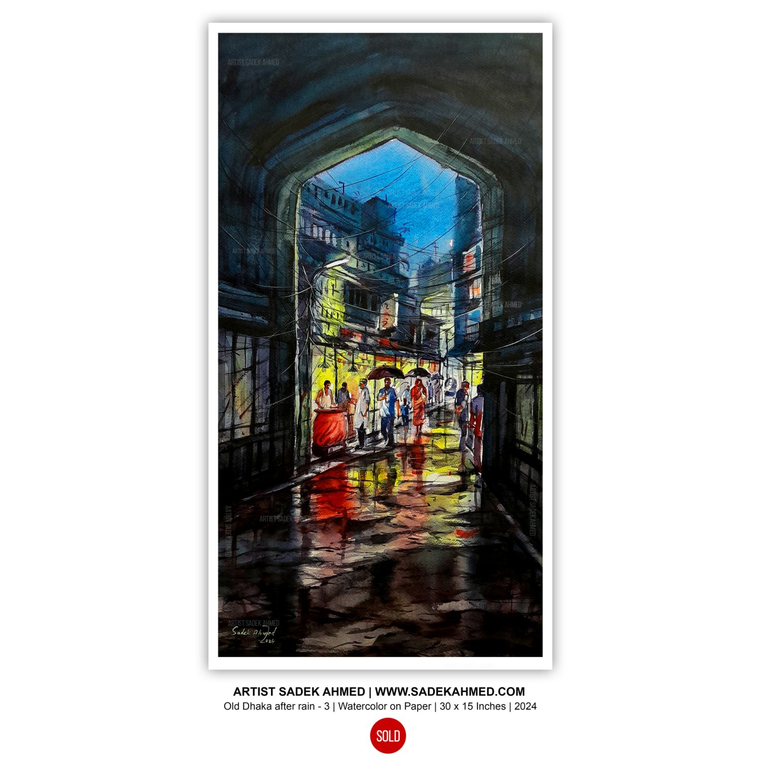 Old Dhaka after raining at night - 5 | 30 x 15 Inches | Watercolor on Paper | 2024 - Image 2