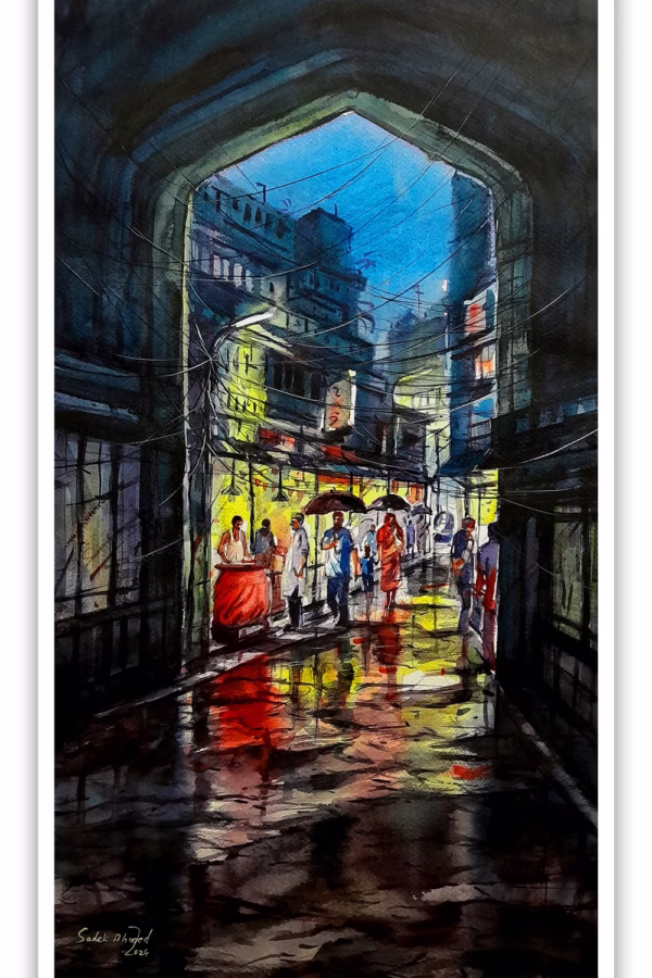 Old Dhaka after raining at night - 5 | 30 x 15 Inches | Watercolor on Paper | 2024