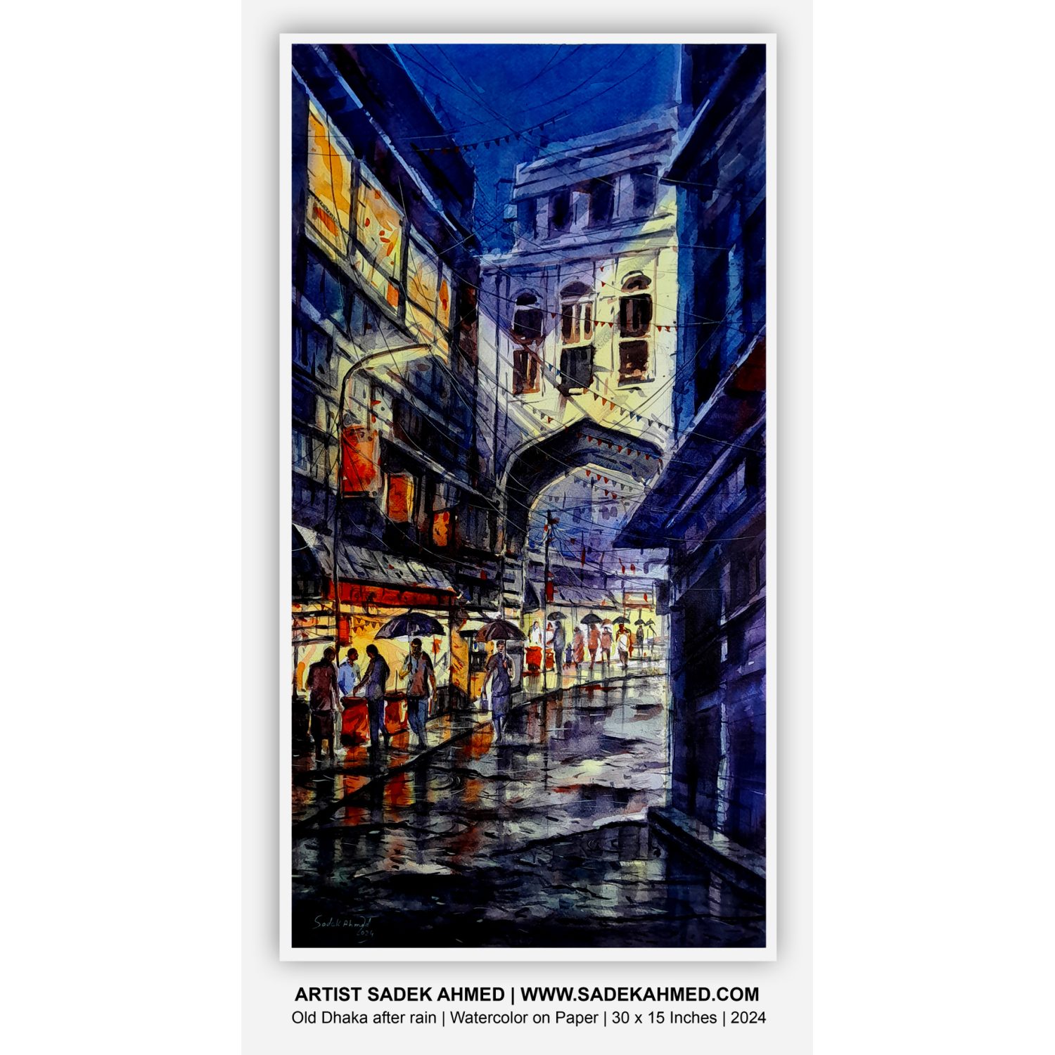 Old Dhaka after raining at night -2 | 30 x 15 Inches | Watercolor on Paper | 2024 - Image 2