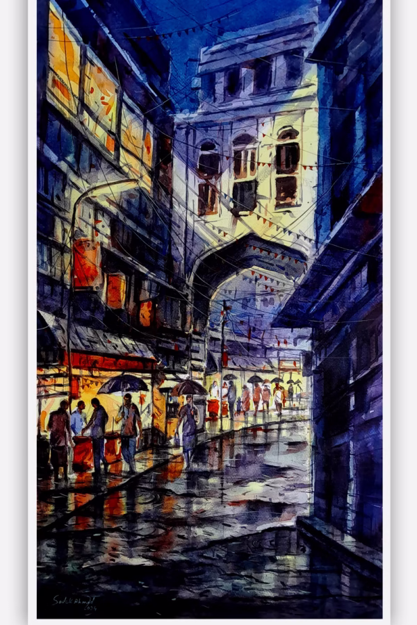 Old Dhaka after raining at night -2 | 30 x 15 Inches | Watercolor on Paper | 2024